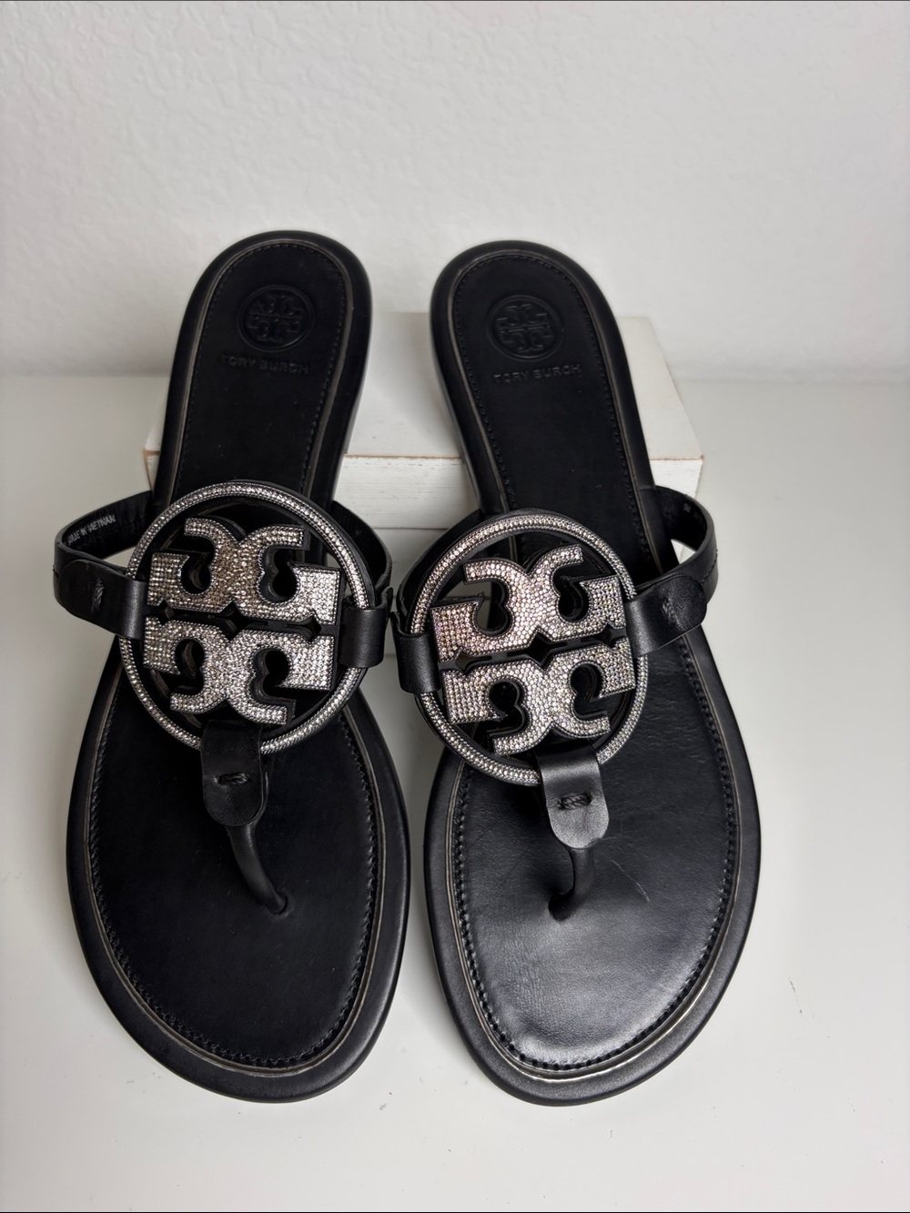 Tory Burch Miller Crystal Logo Flip Flop Black Size 9